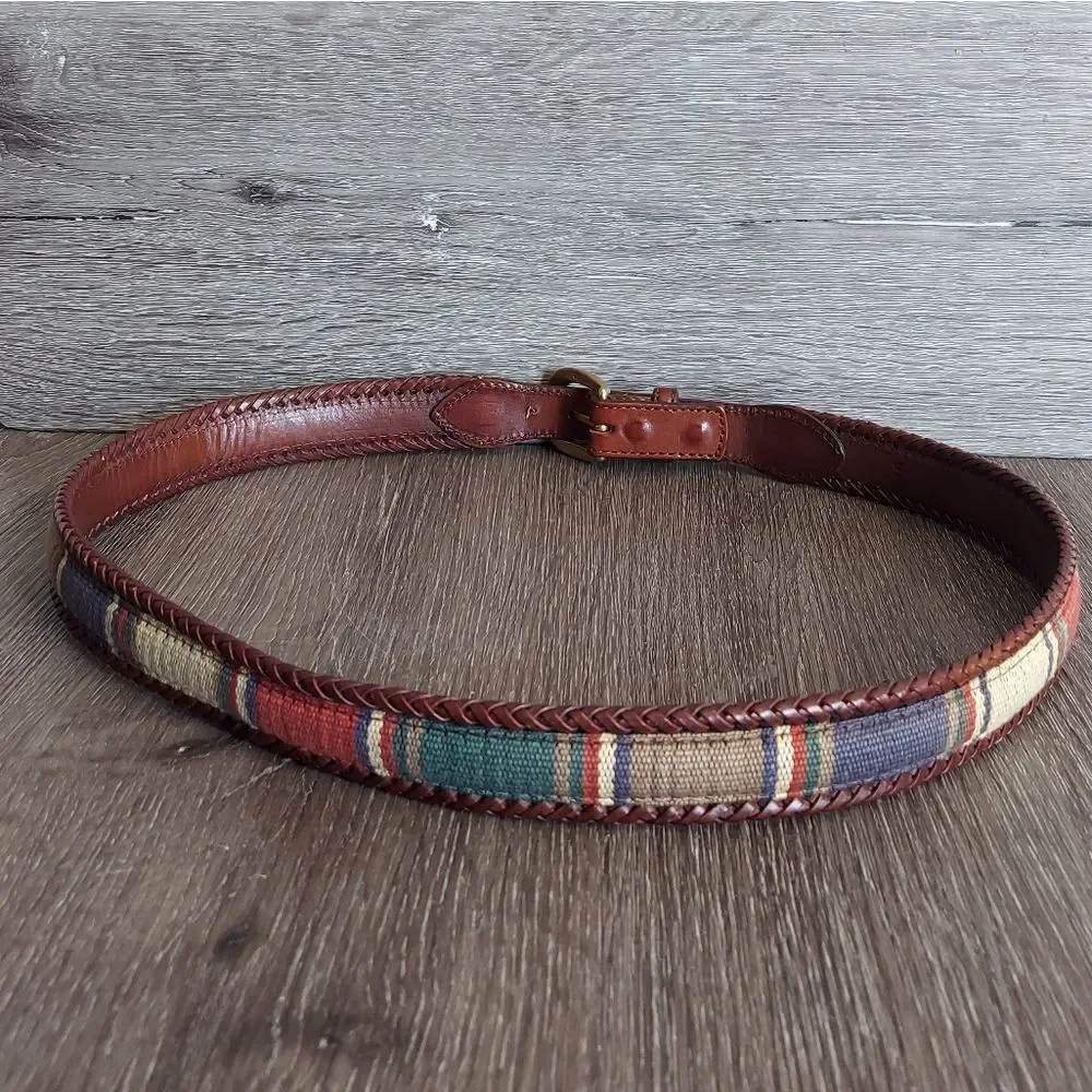Vintage REI Tapestry Brown Leather Belt Solid Brass Buckle Size 40